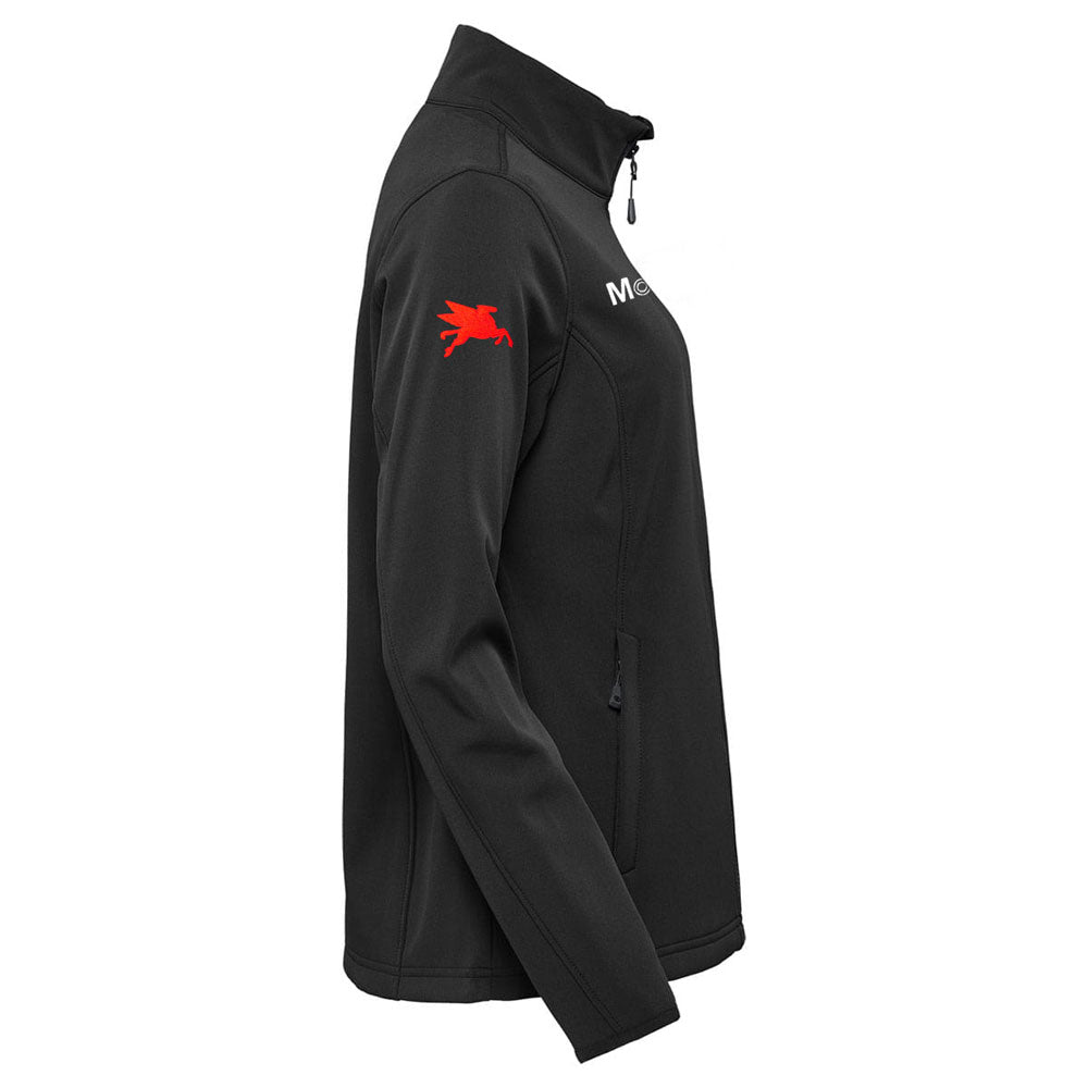 Close up of the Pegasus emblem on the right sleeve of the C8.R Corvette Racing Mobil 1 Ladies Black Jacket shown on a white background.