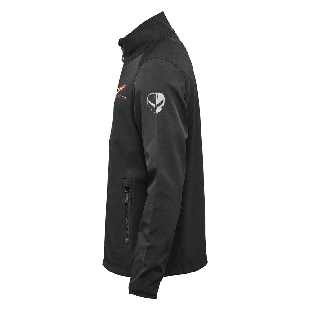 A black zip-up jacket shown from the side profile against a solid white background, featuring a high collar, a vertical zippered pocket, and an embroidered Jake C8.R logo on the upper left sleeve.