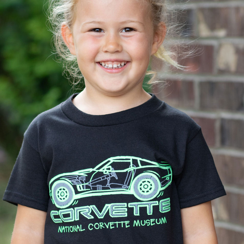 Girl wearing the Childrens Corvette Cutaway T-shirt 