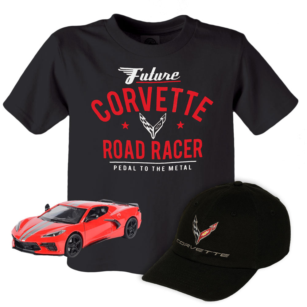 Childrens Diecast Bundle showing a black Corvette tee and black C8 Corvette cap and a red C8 diecast