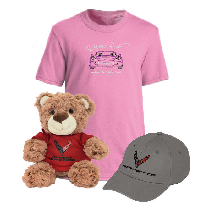 Childrens Teddy Bear Bundle shows a pink Corvette tee a teddy bear and a gray C8 Corvette cap