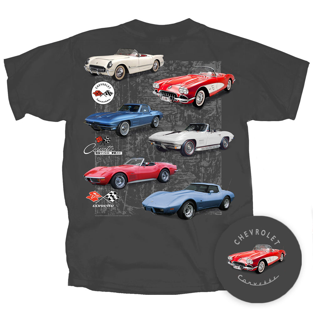 Charcoal tee showing six classic Corvettes on the back on a white background 
