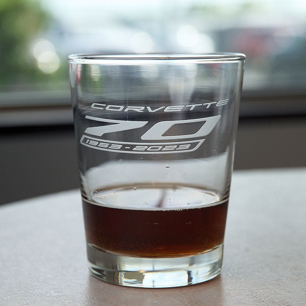Corvette 70th Anniversary Short Beverage Glass on a table