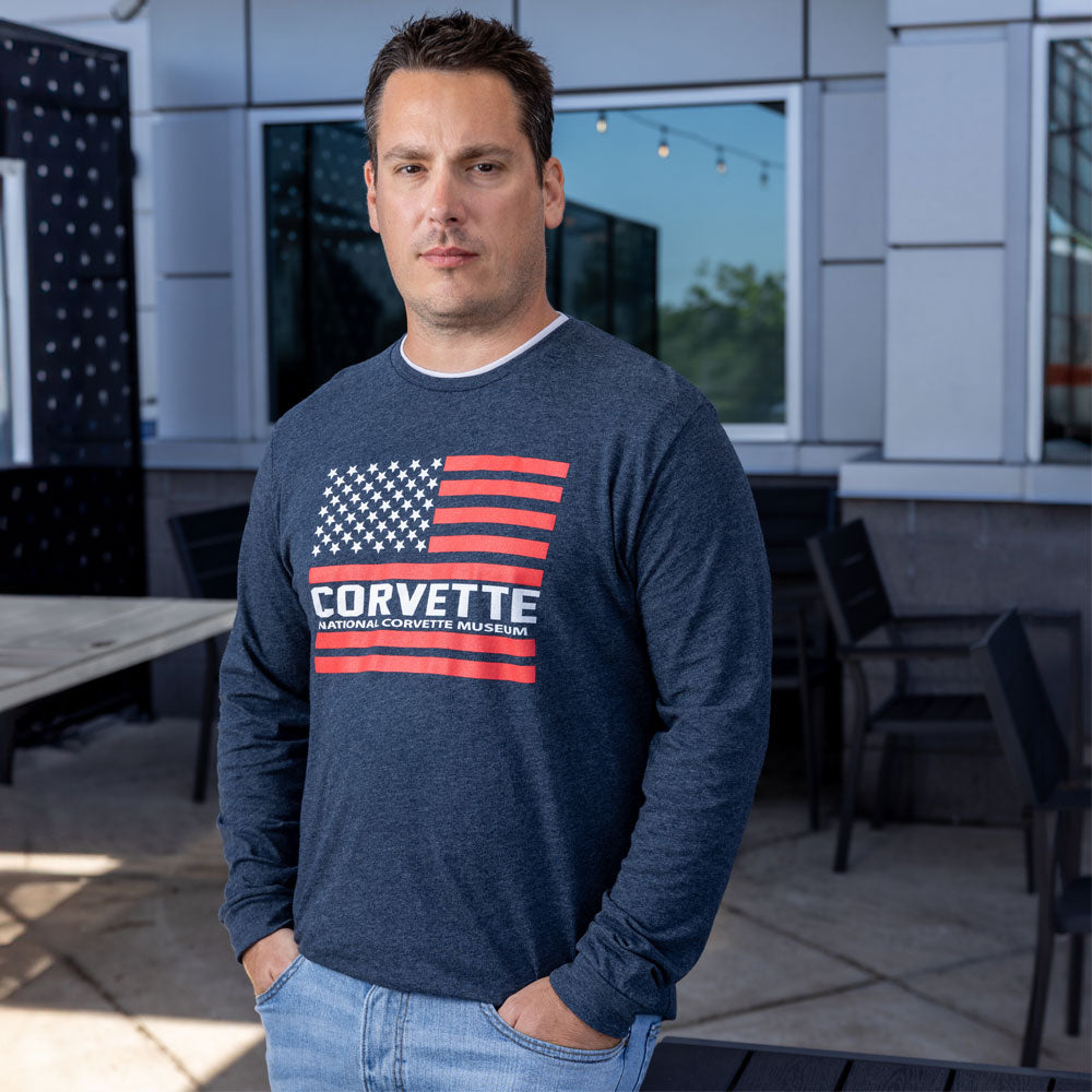 Man wearing the Corvette American Flag LS Navy T-shirt