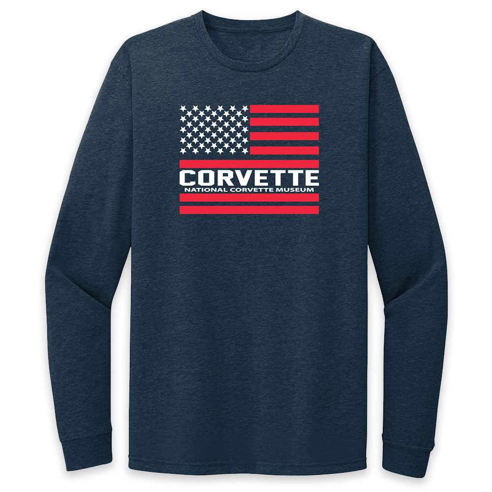 Corvette American Flag Long Sleeve Navy T-shirt