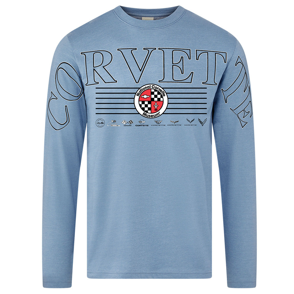 Blue long-sleeve shirt with Corvette script design and the National Corvette Museum logo on a white background