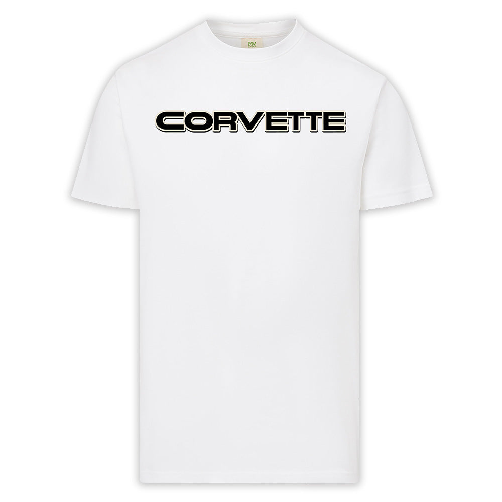 A white t-shirt with black Corvette script shown on a white background