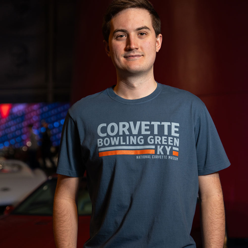 Man wearing the Corvette Bowling Green Kentucky Retro T-shirt