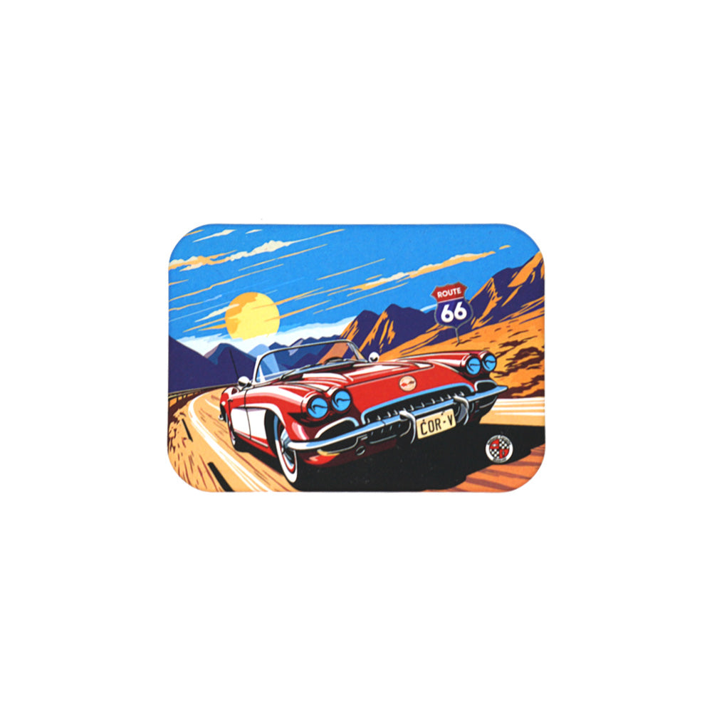 Refrigerator magnet featuring a red C1 Corvette on Route 66