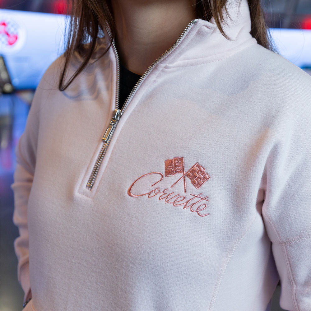 Emblem close up of the Corvette Crossed Flags Ladies Light Pink Quarter-Zip