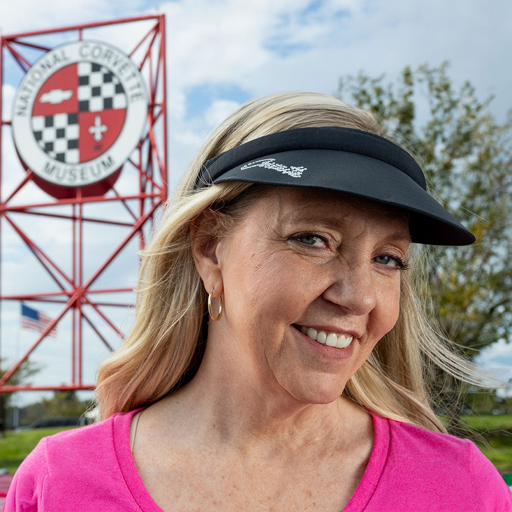 Woman wearing the Corvette Crystal Clip-On Black Visor