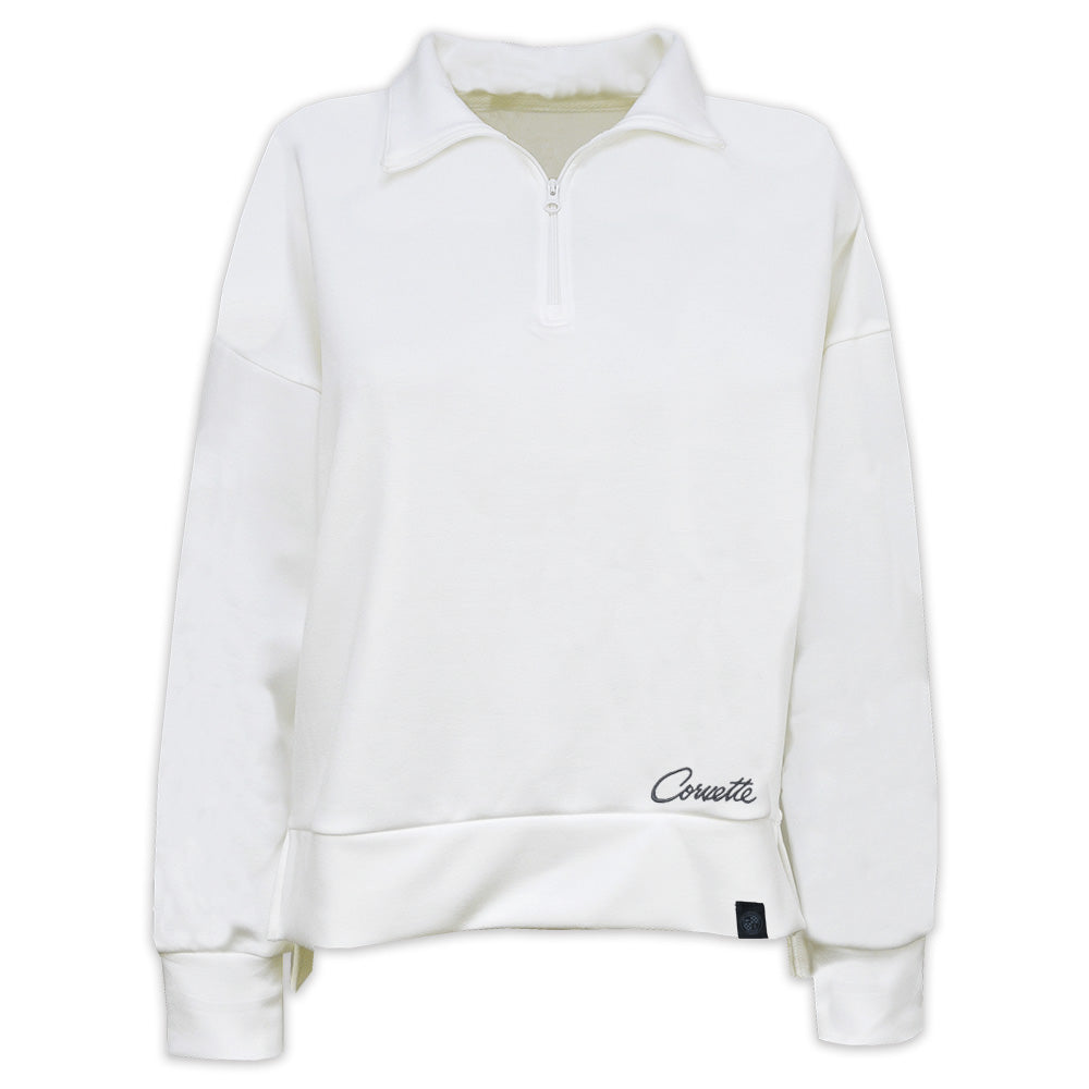 Corvette Embroidered Script Ladies Quarter-Zip Pullover in White shown on a white background.