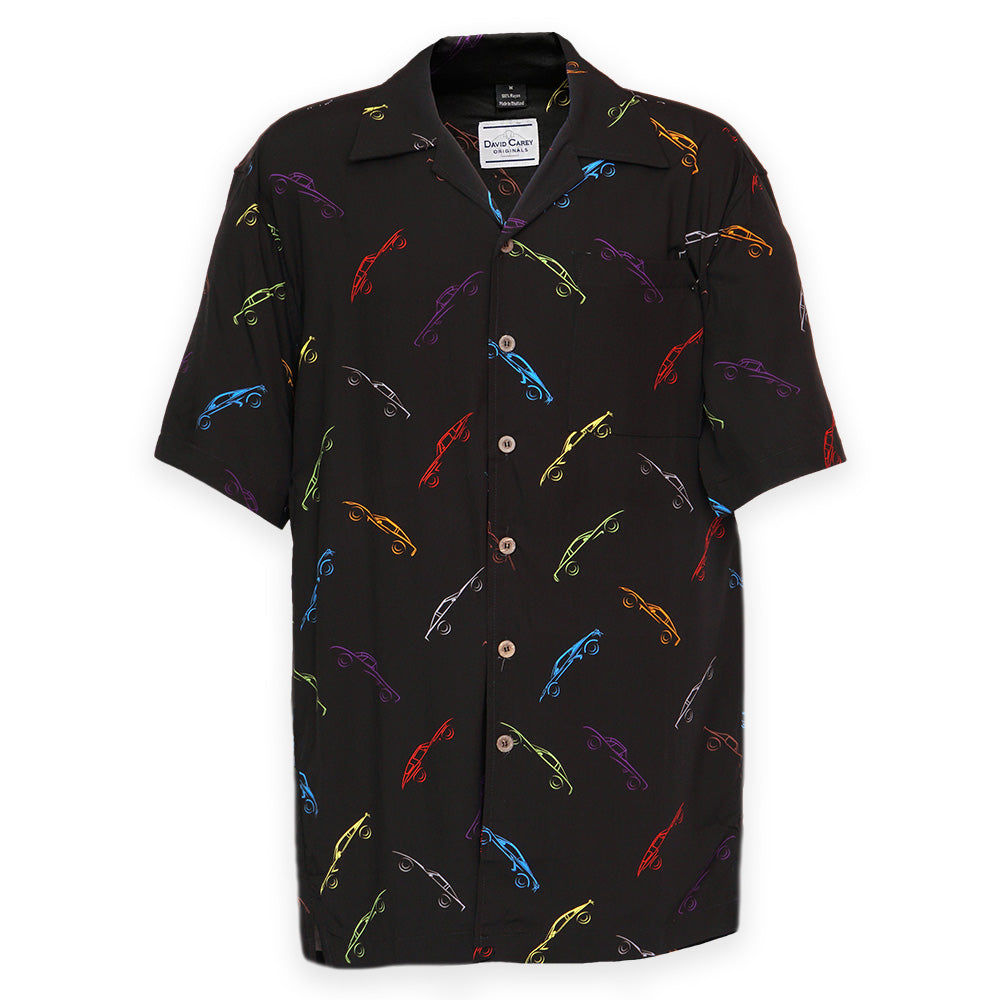 Black camp shirt with colorful Corvette silhouette pattern on a white background