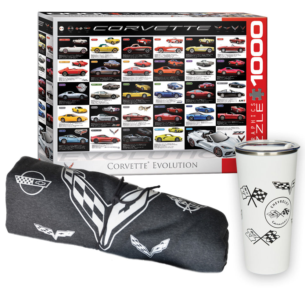 Corvette evolution themed puzzle, blanket, and tumbler on a white background