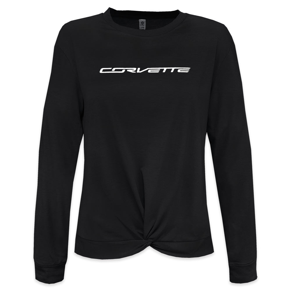 Corvette Foil Script Ladies Black Twist Front Top