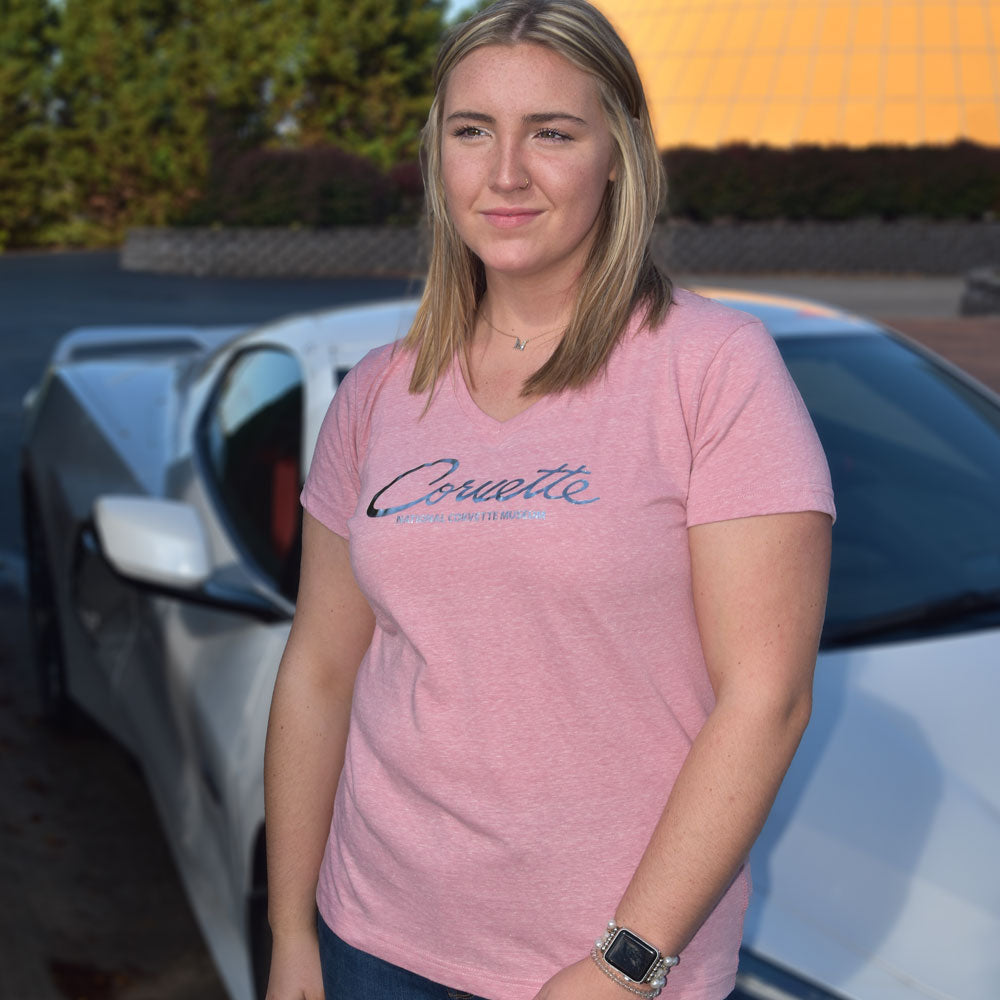 Woman wearing the Corvette Foil Script Ladies Pink Top