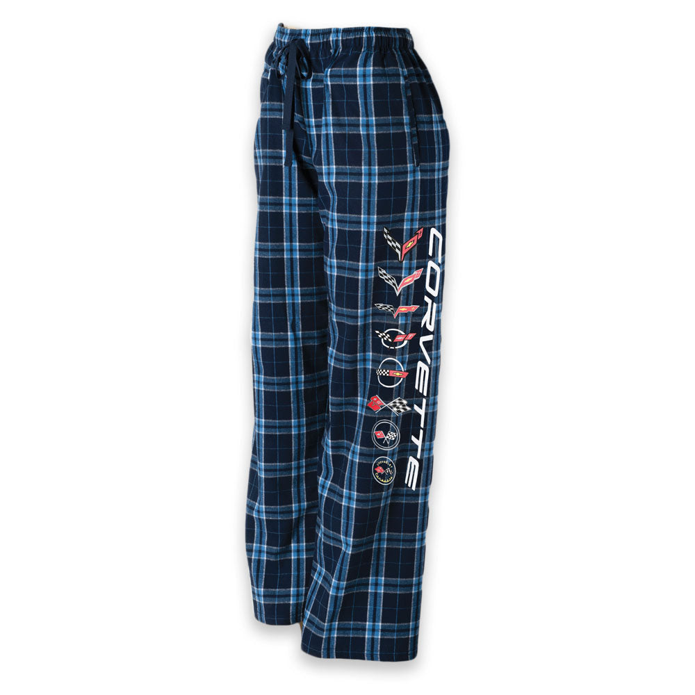 A pair of navy blue plaid lounge pants with a drawstring waist, featuring a vertical white Corvette script and the C1-C8 Corvette emblems printed down the left leg, shown against a plain white background.
