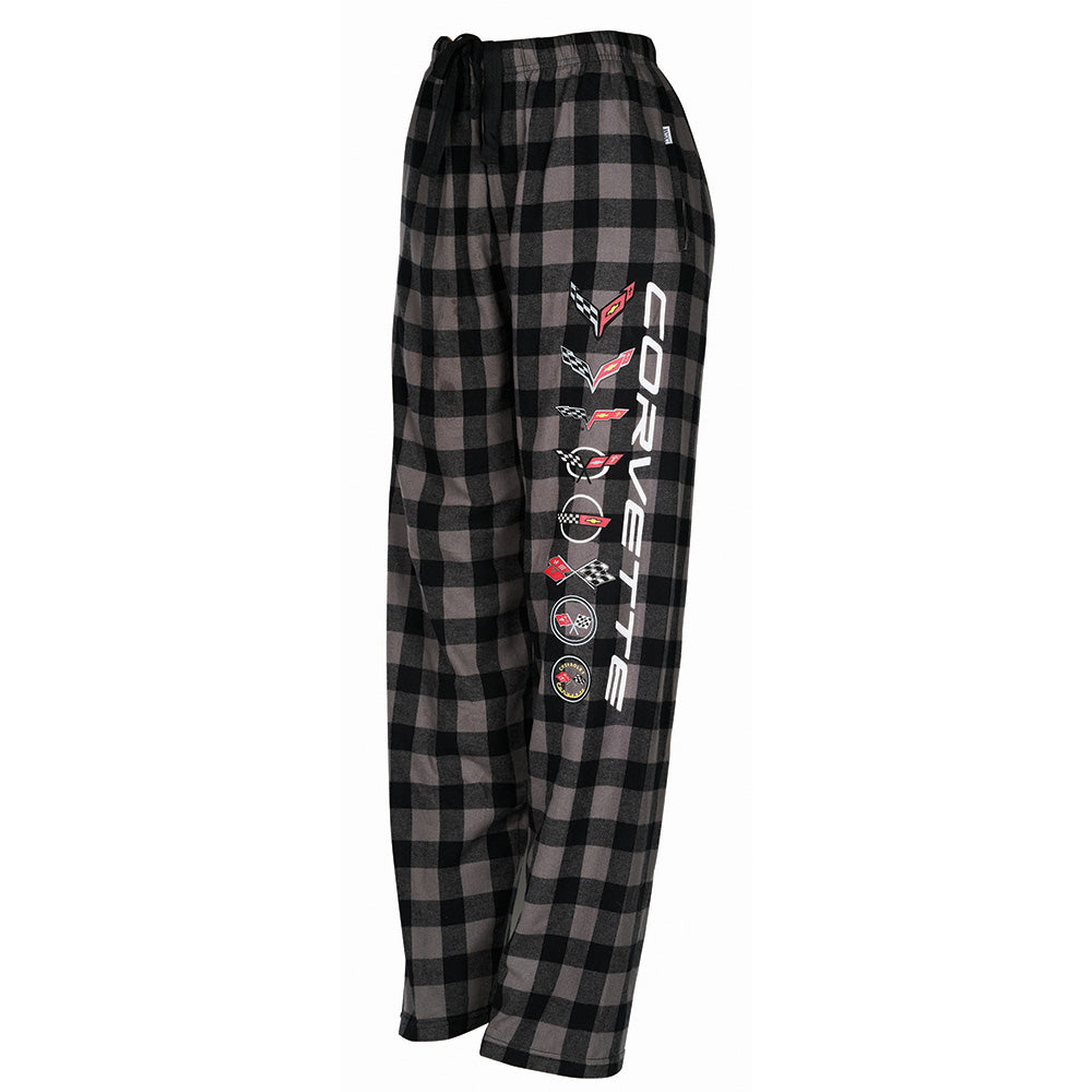 Black and gray check flannel pants with the C1 through C8 Corvette emblems and Corvette script running down the left leg
