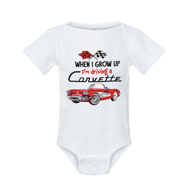 White baby onesie with Corvette-themed design on a white background