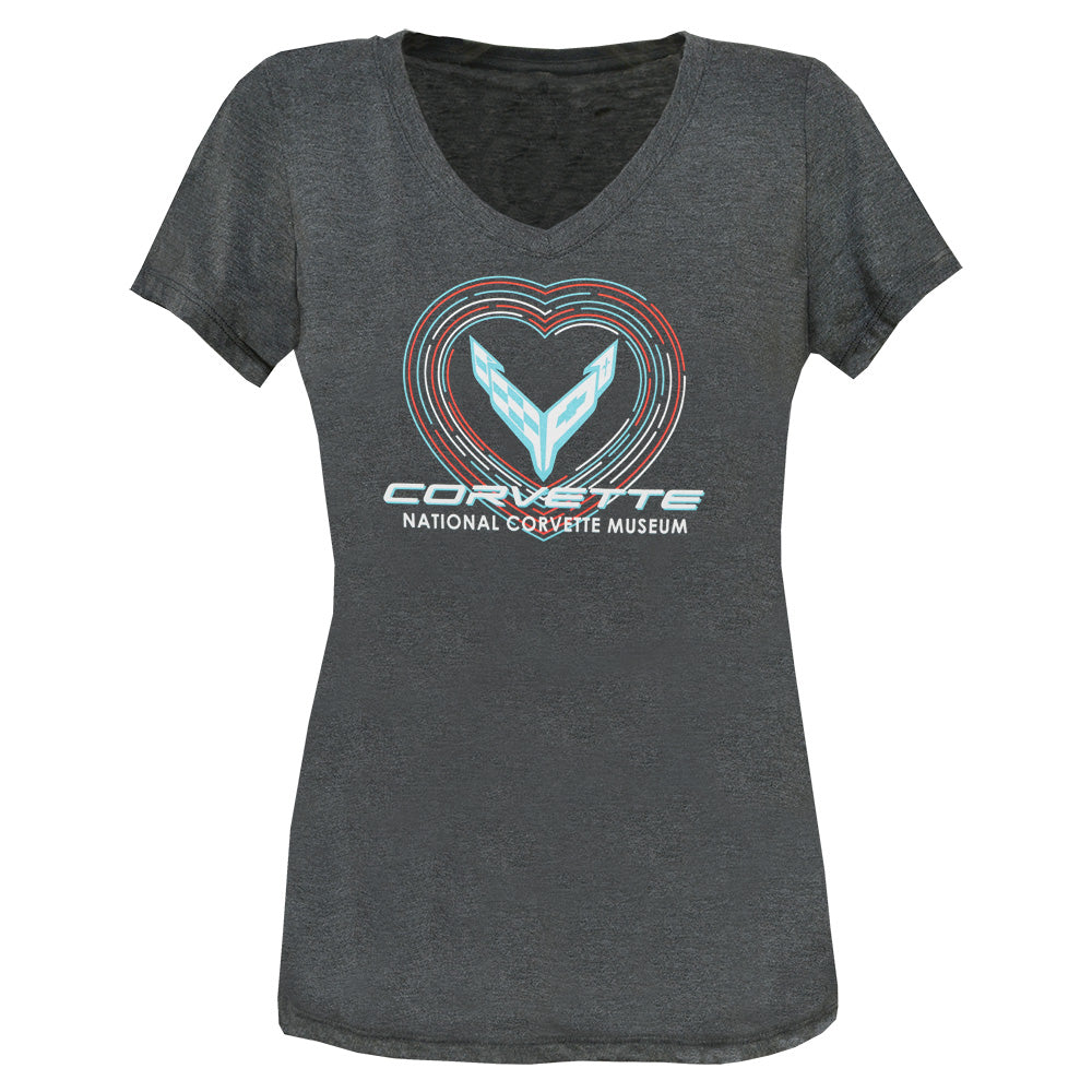 Gray t-shirt with C8 Corvette logo inside a heart and Corvette script on a white background