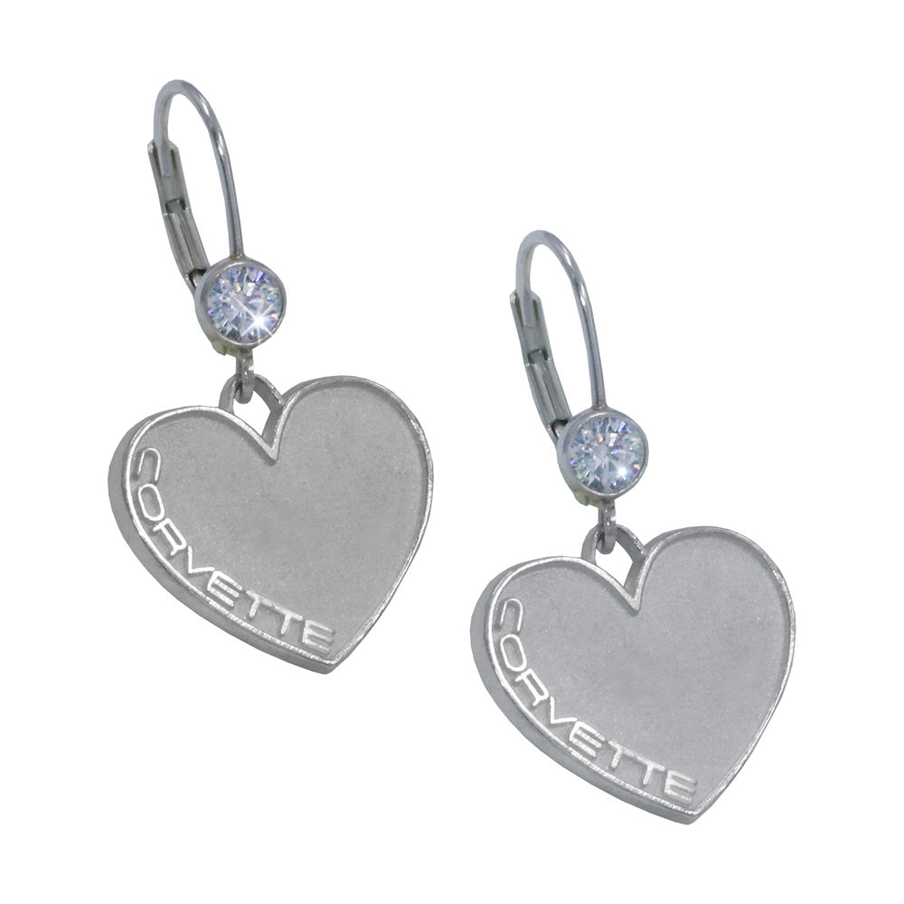 Leverback earrings with a cubic zirconia and a dangle heart that says Corvette up one side of the heart