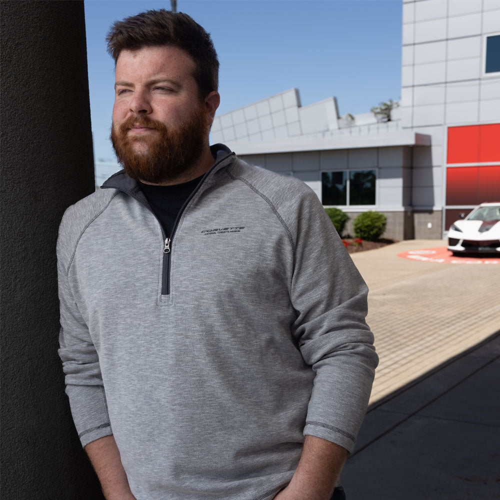 Man wearing the Corvette Herringbone Knit Half-Zip Pullover