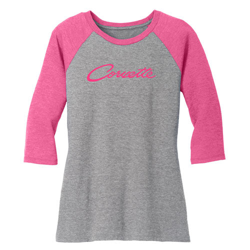 Gray and pink baseball shirt with pink 'Corvette' script on a white background