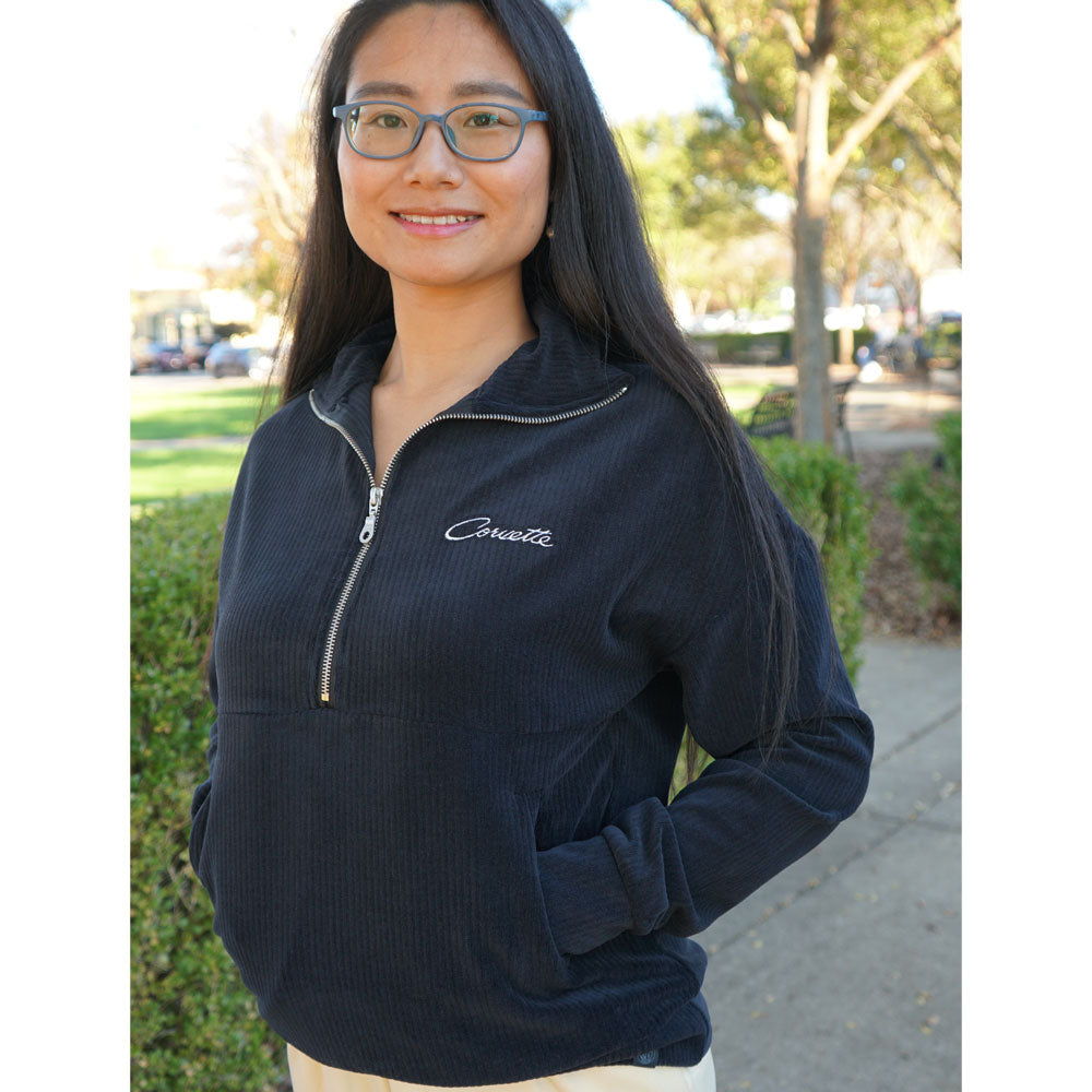 Close up of the Corvette script on the Corvette Ladies Corded Half-Zip Black Pullover 