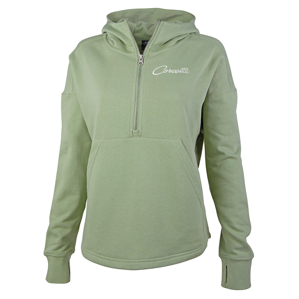 The Corvette Ladies Half-Zip Sage Pullover Hoodie shown on a white background