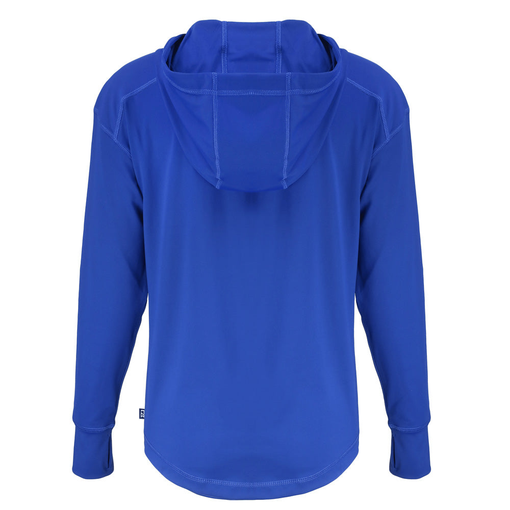 Back view of the Corvette Ladies Half Zip Tour Blue Hooded Pullover shown on a white background