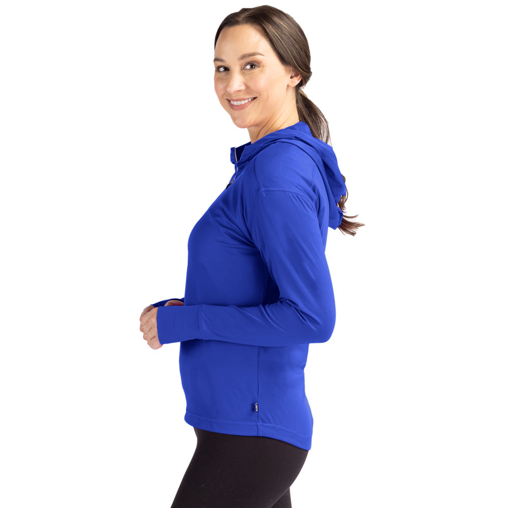 Woman wearing  blue Corvette hoodie on a white background