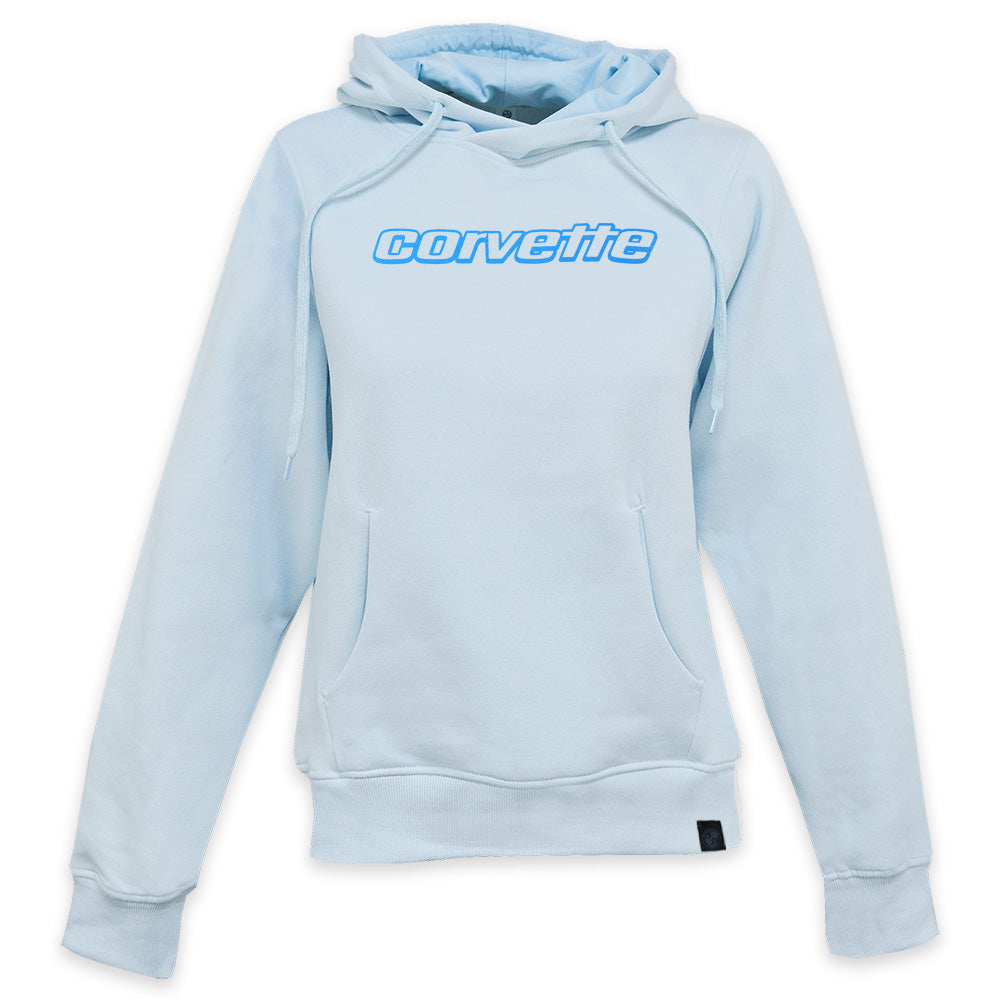 Image showing the ladies icy blue hoodie with blue Corvette script across the chest