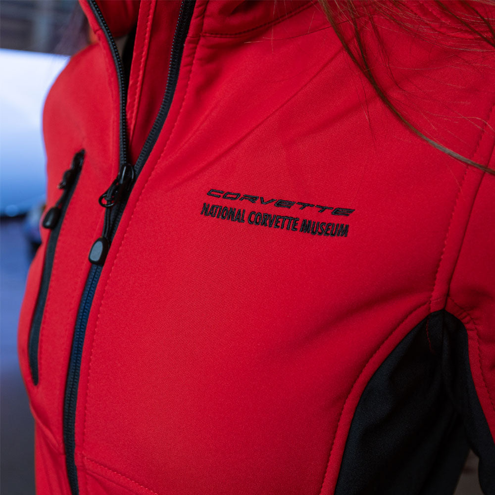 Corvette Ladies Narvik Red and Black Softshell Jacket emblem close up