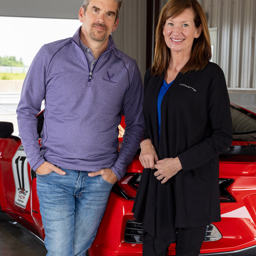 Woman wearing the Corvette Ladies Open Front Black Cardigan 