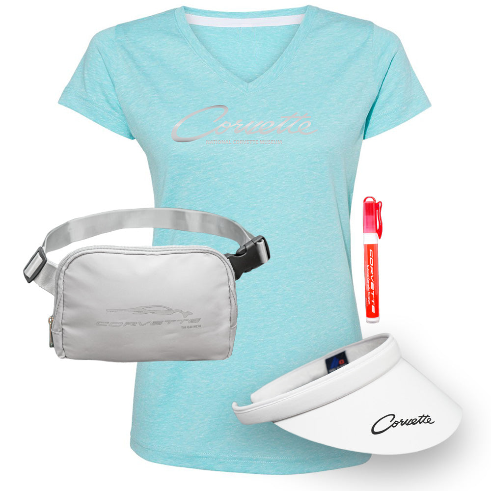 Corvette Ladies Summer Fun Gift Bundle shows a Caribbean blue Corvette tee a gray sling bag a white visor and a pocket sunscreen