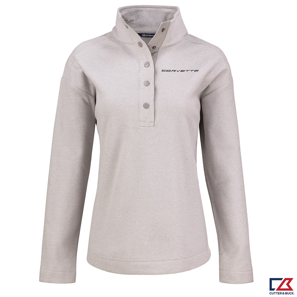 Corvette Ladies Textured Fleece Snap Front Light Gray Pullover on a white background