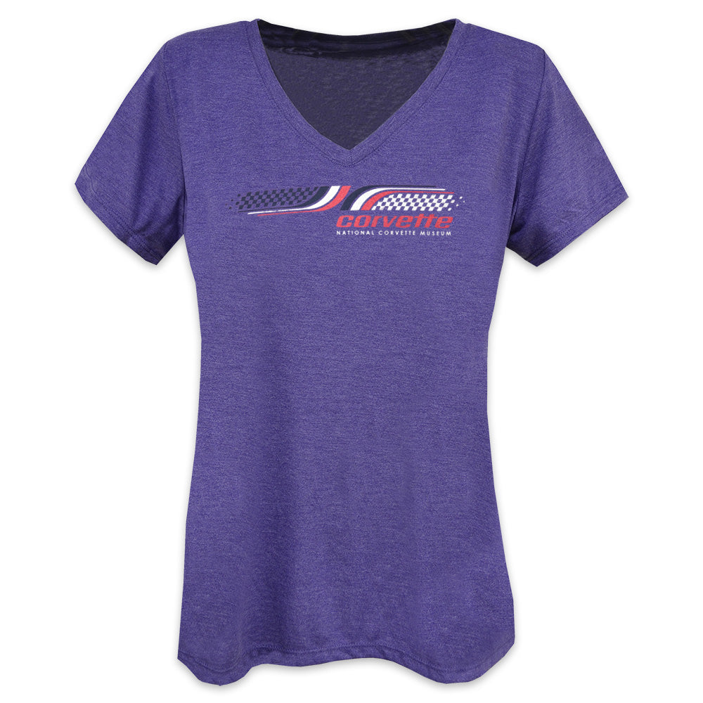 Women's purple Corvette tee shown on a white background.