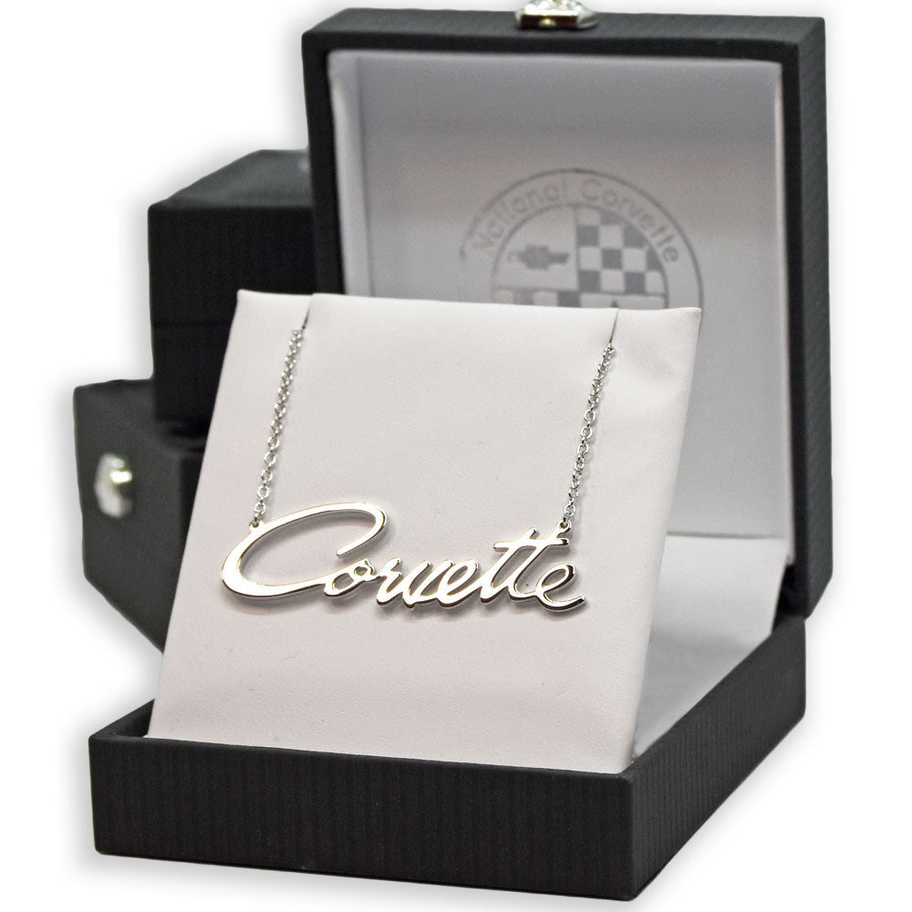 Corvette Large Script Sterling Silver Necklace shown in a gift box