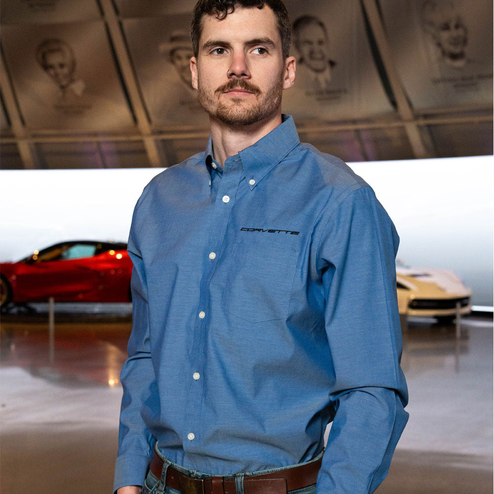 Man wearing the Corvette Brooks Brothers Blue Dress Shirt