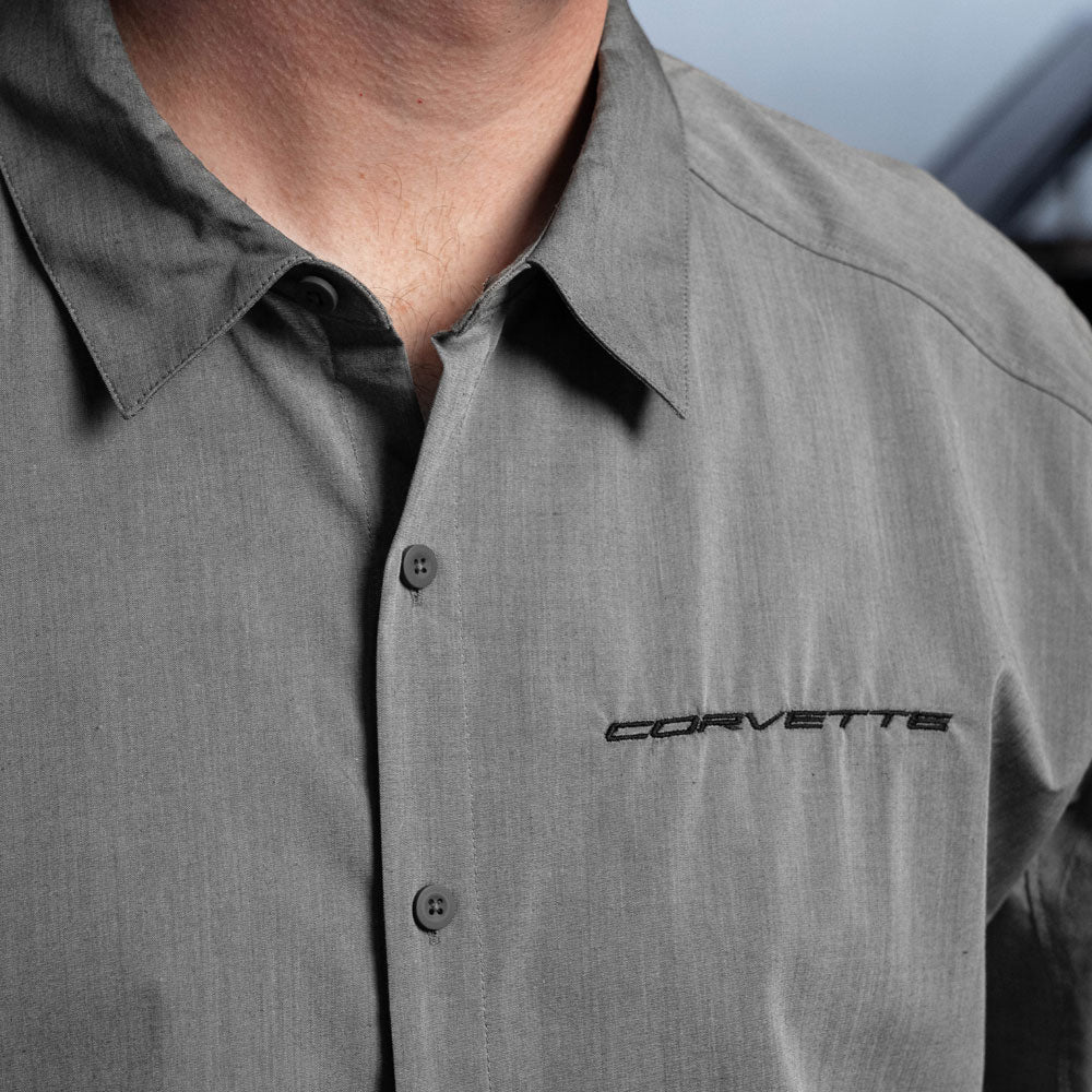 Corvette Mens Luster Gray Ogio Dress Shirt Emblem Close Up
