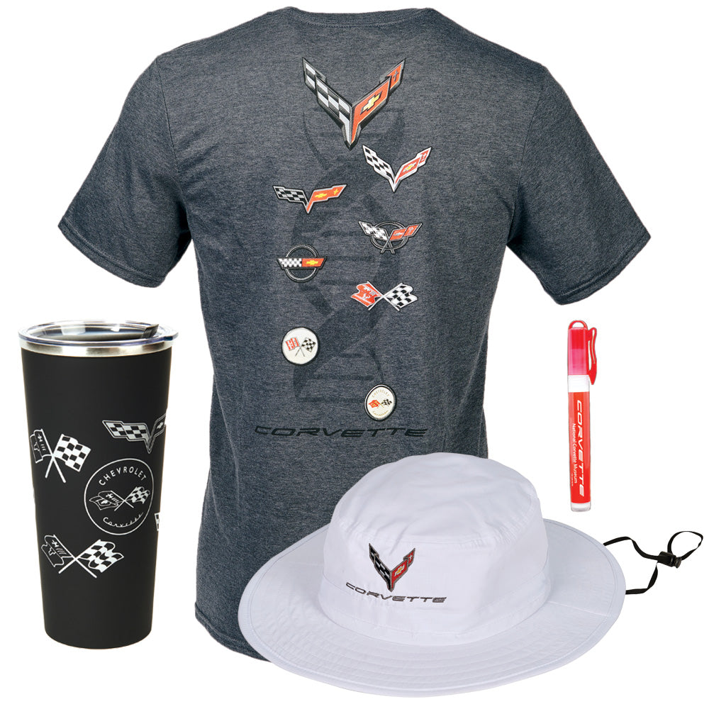 Bundle with a gray Corvette tee and black travel mug both featuring the Corvette emblems and a white bucket hat with the C8 emblem and a pocket size sunscreen