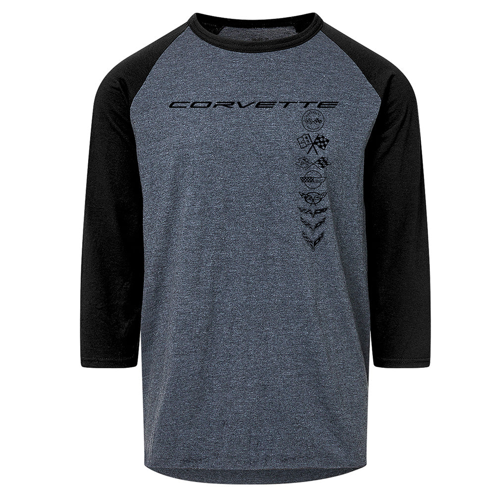 Gray and black baseball shirt with all eight generation Corvette logos shown down the front on a white background