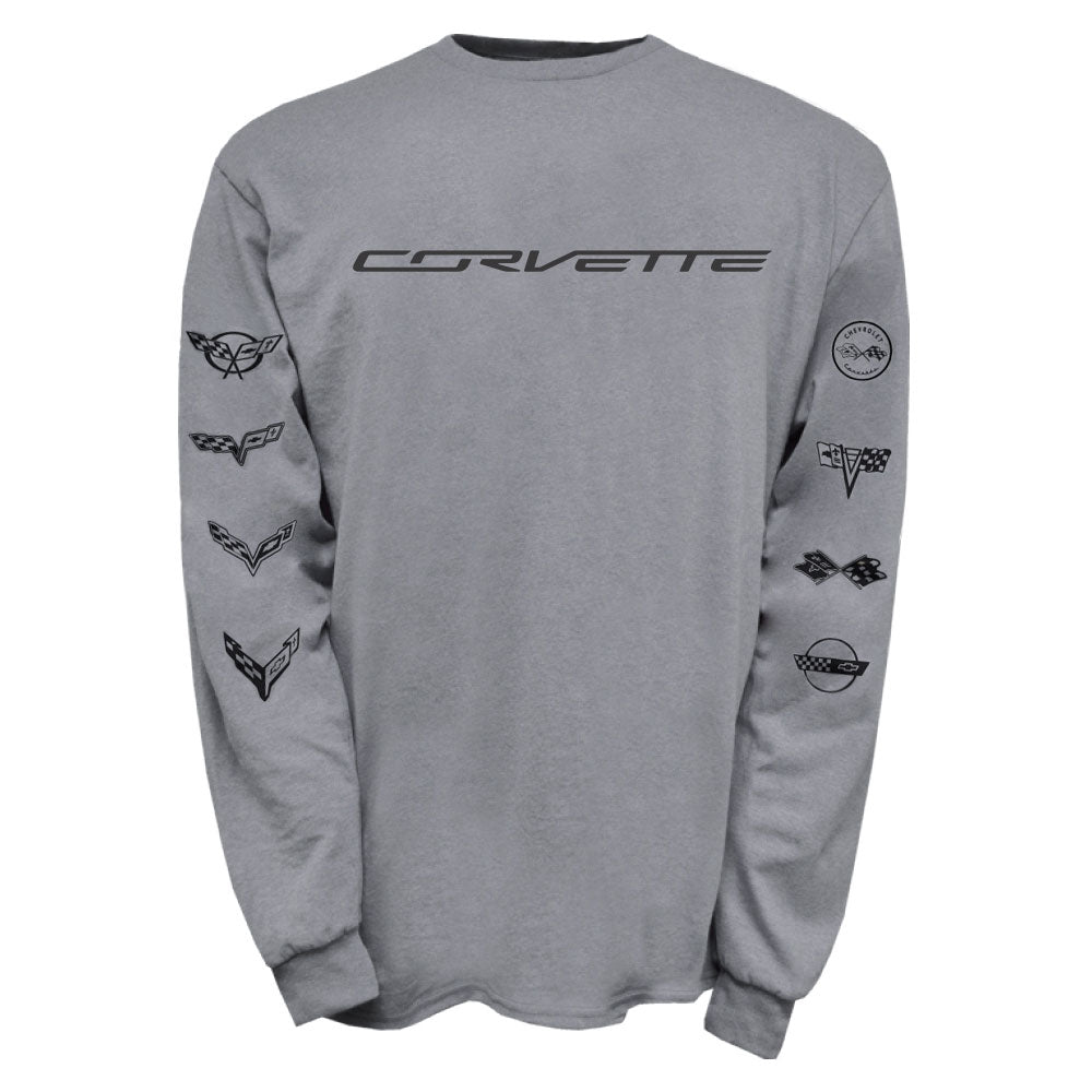 Gray long-sleeve shirt with Corvette logos  on the sleeves on a white background