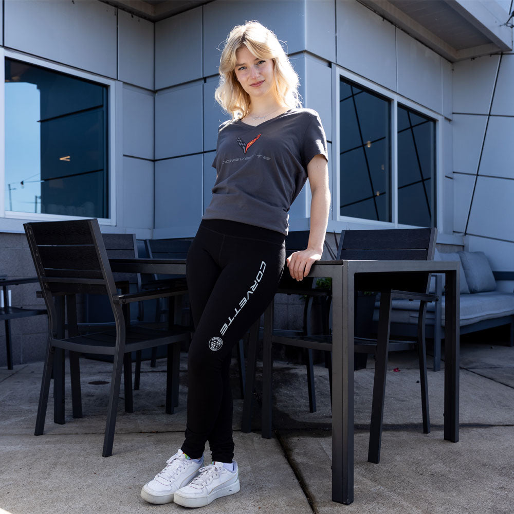 Woman wearing the Corvette NCM Ladies Black Leggings