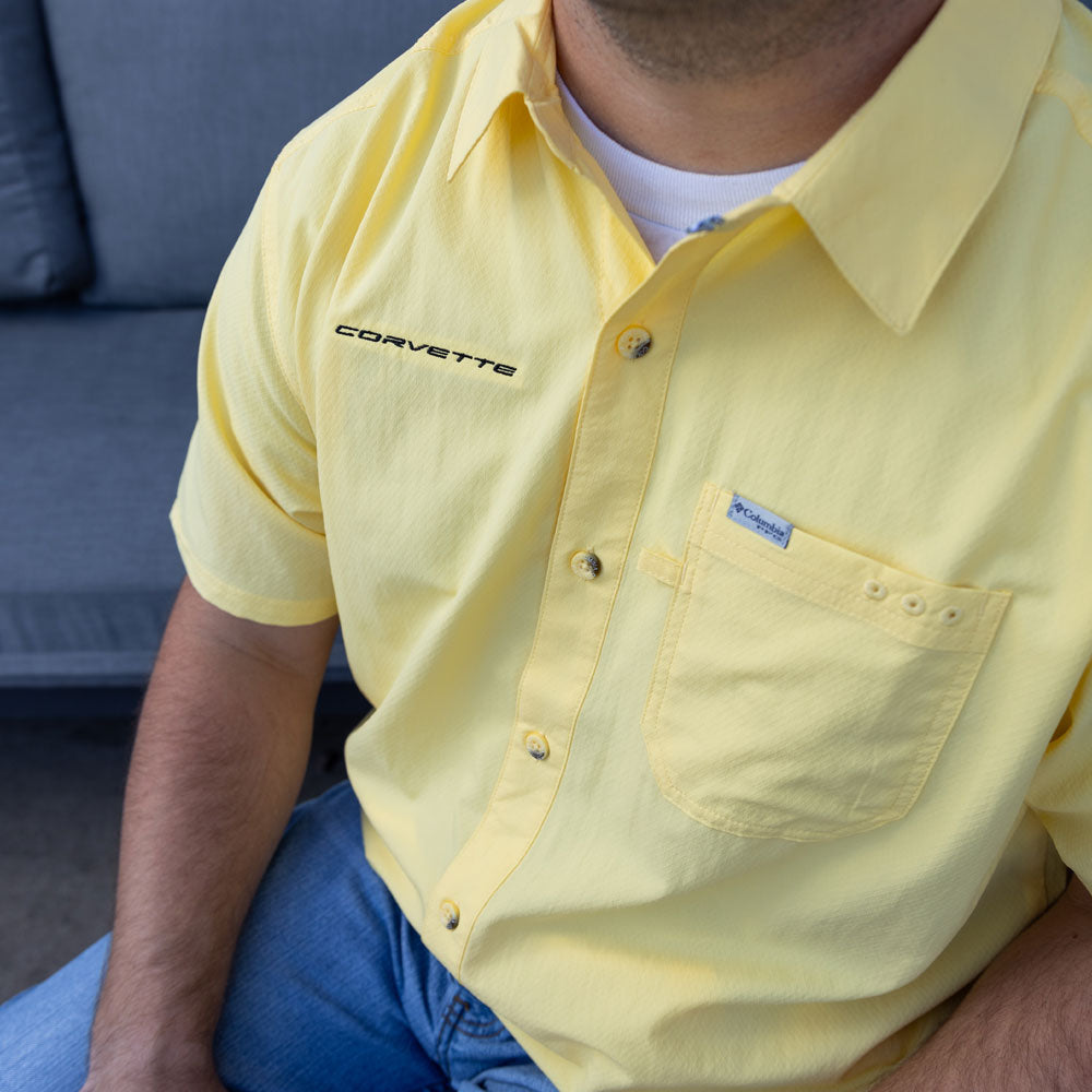 Man wearing the Corvette PFG Slack Tide Sunlit Camp Shirt 