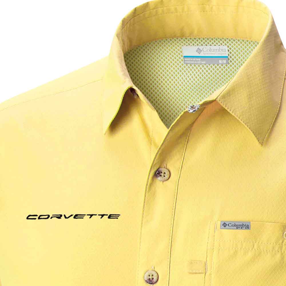 Corvette PFG Slack Tide Sunlit Camp Shirt Emblem close up