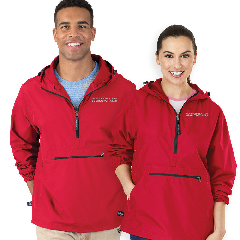 A man and woman both wearing the Corvette Pack-N-Go Unisex Red Pullover Windbreaker.