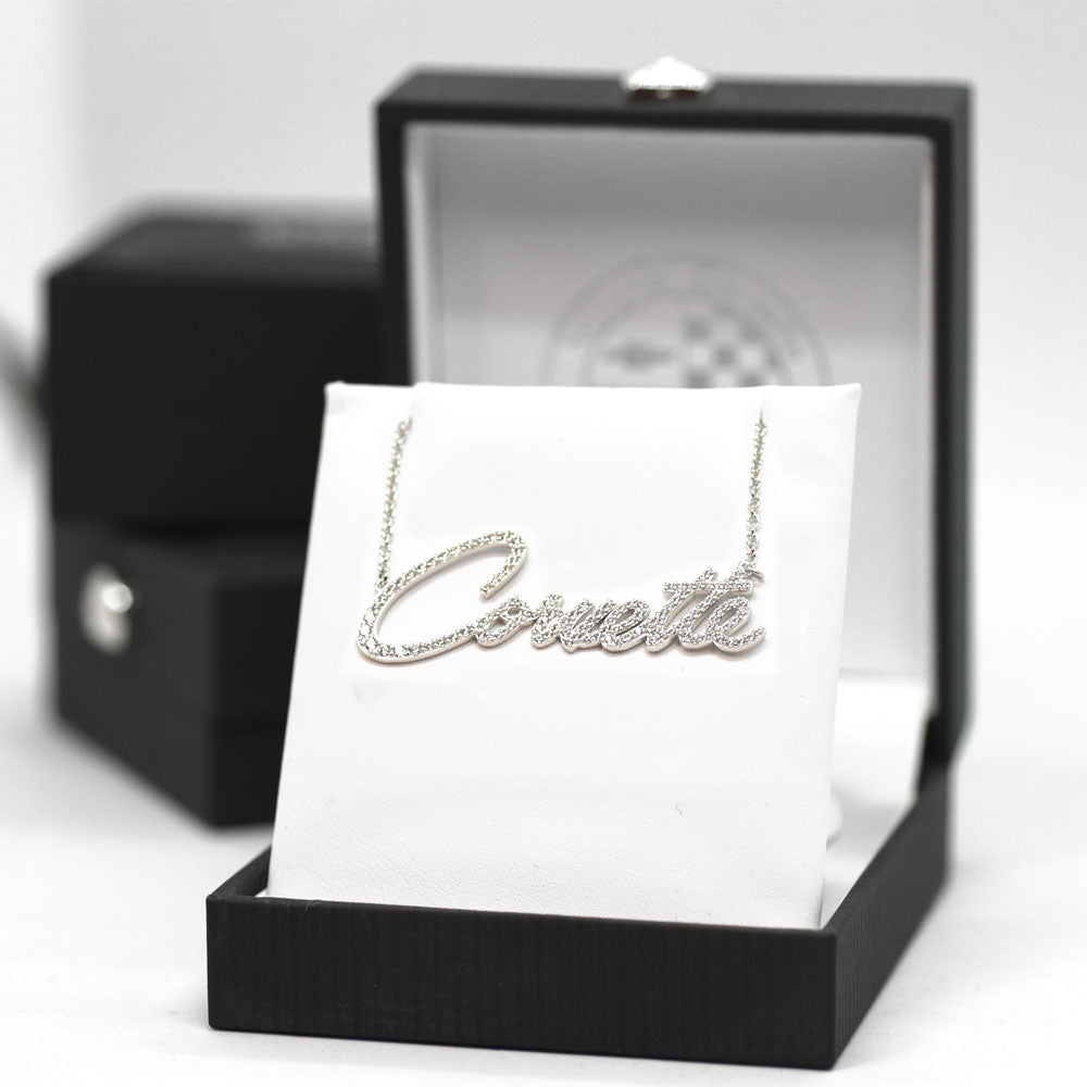 Corvette Pave Script Sterling Silver Necklace shown in a gift box