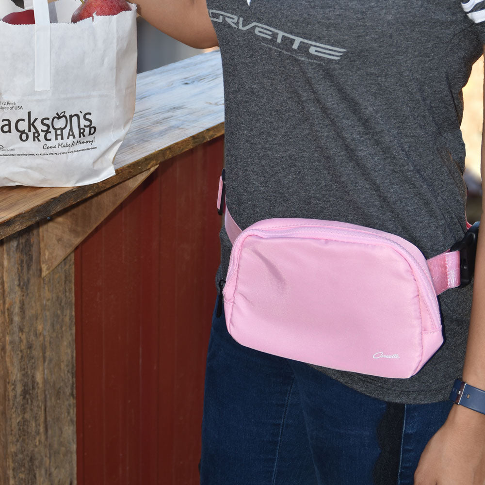 Woman wearing the Corvette Pink Belt Bag