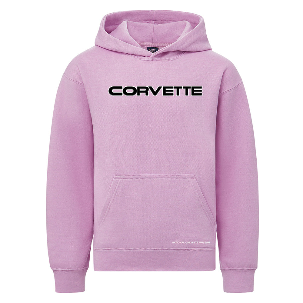 Wisteria pink youth hoodie with 'CORVETTE' text on a white background